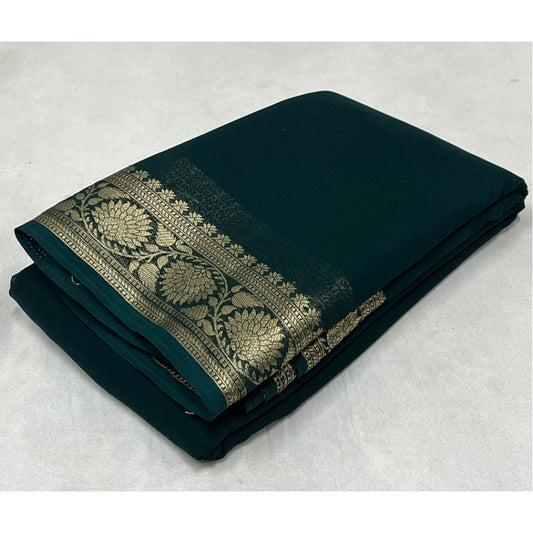 Women's Crepe Chit Pallu Solid Saree With Unstitched Blouse 5.5Mtr (Green)