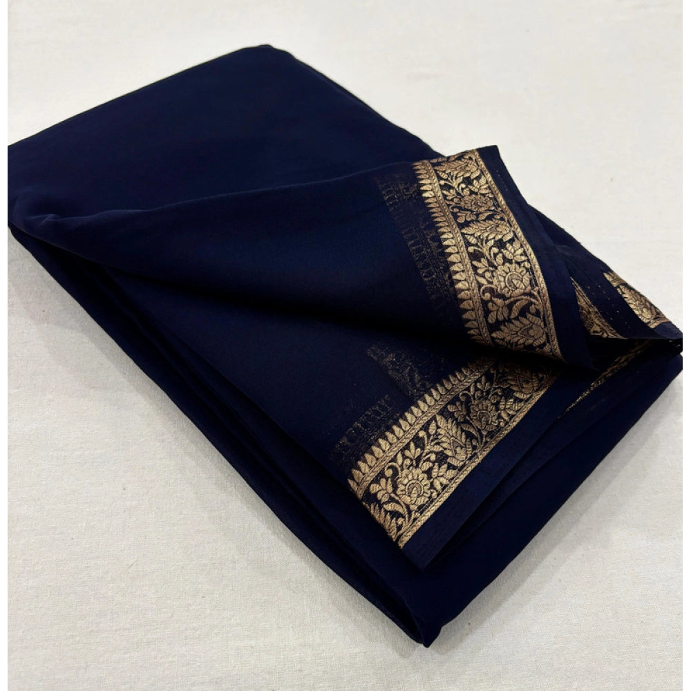 Women's Crepe Chit Pallu Solid Saree With Unstitched Blouse 5.5Mtr (Navy Blue)