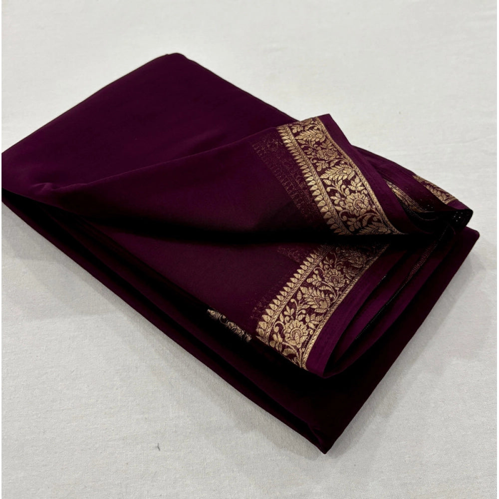 Generic Women's Crepe Chit Pallu Solid Saree With Unstitched Blouse 5.5Mtr (Dark Wine)