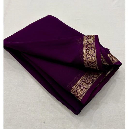 Women's Crepe Chit Pallu Solid Saree With Unstitched Blouse 5.5Mtr (Dark Purple)
