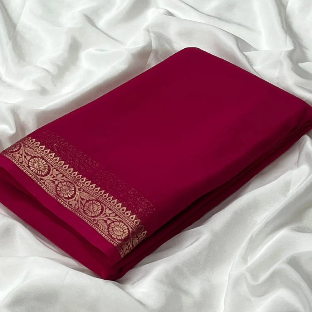 Women's Crepe Chit Pallu Solid Saree With Unstitched Blouse 5.5Mtr (Pink)