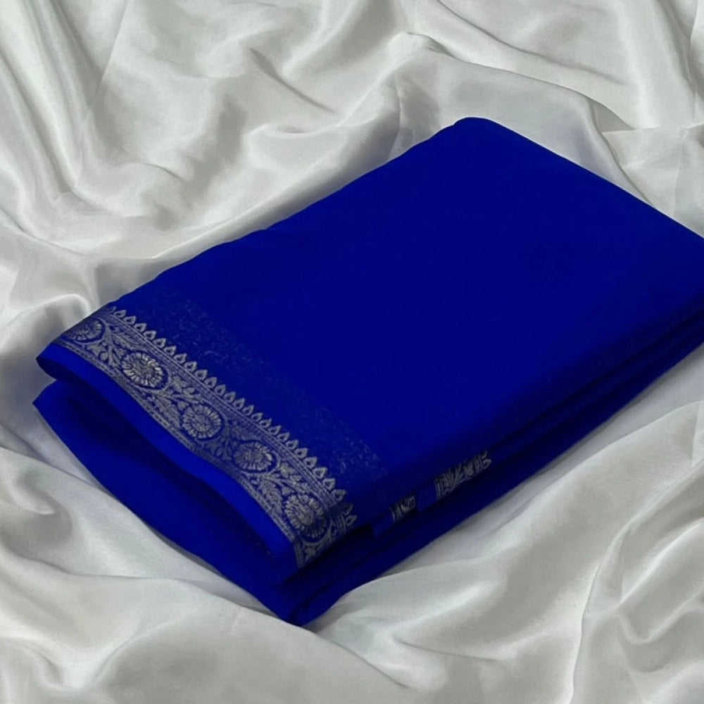 Women's Crepe Chit Pallu Solid Saree With Unstitched Blouse 5.5Mtr (Blue)