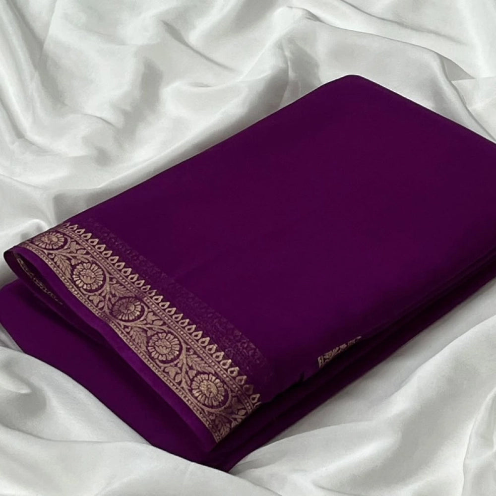 Women's Crepe Chit Pallu Solid Saree With Unstitched Blouse 5.5Mtr (Wine)