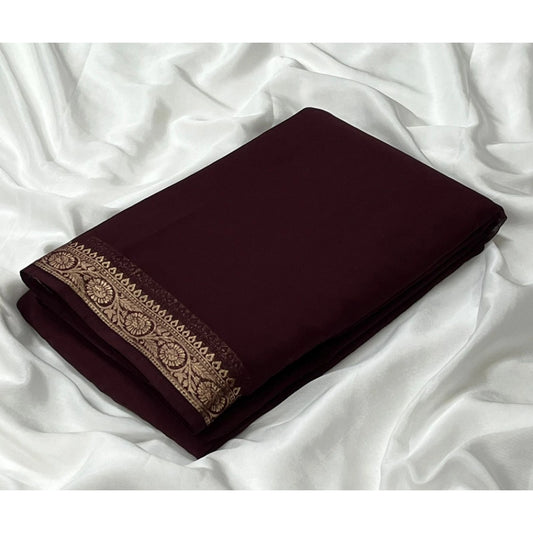 Women's Crepe Chit Pallu Solid Saree With Unstitched Blouse 5.5Mtr (Brown)