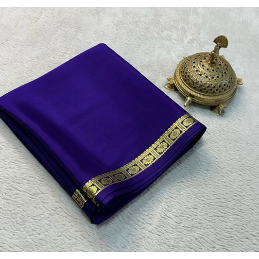 Women's Crepe Chit Pallu Solid Saree With Unstitched Blouse 5.5Mtr (Dark Purple)