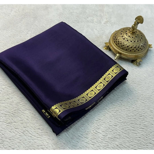 Women's Crepe Chit Pallu Solid Saree With Unstitched Blouse 5.5Mtr (Navy Blue)