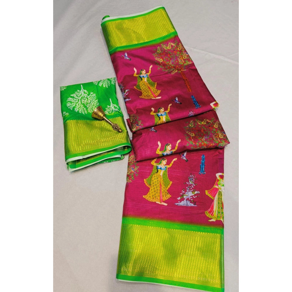 Women's Digital Dolla Silk Printed Saree With Unstitched Blouse 5.5Mtr (Pink)
