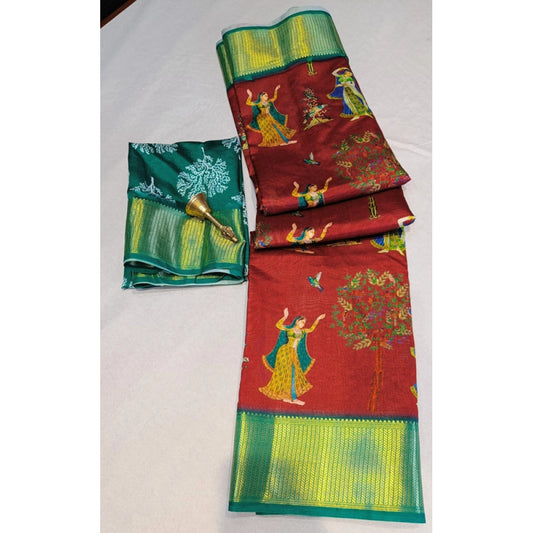 Women's Digital Dolla Silk Printed Saree With Unstitched Blouse 5.5Mtr (Brown)