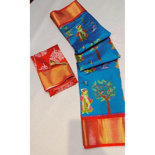 Women's Digital Dolla Silk Printed Saree With Unstitched Blouse 5.5Mtr (Sky Blue)