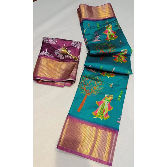 Women's Digital Dolla Silk Printed Saree With Unstitched Blouse 5.5Mtr (Turquoise Green)