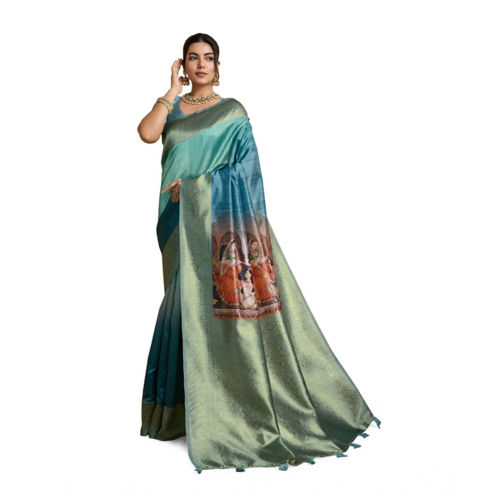 Women's Silk Printed Saree With Unstitched Blouse 5.5Mtr (Blue)