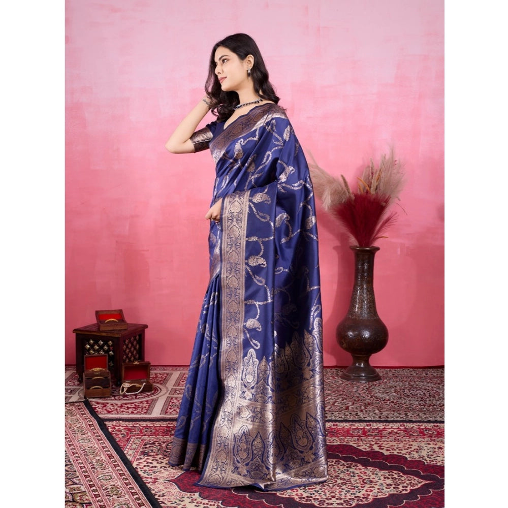 Women's Banarasi Silk Printed Saree With Unstitched Blouse 5.5Mtr (Blue)