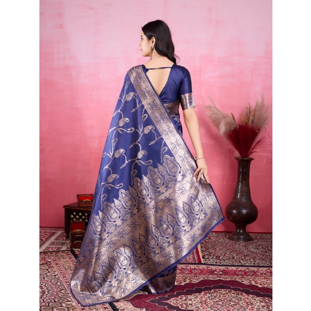 Women's Banarasi Silk Printed Saree With Unstitched Blouse 5.5Mtr (Blue)