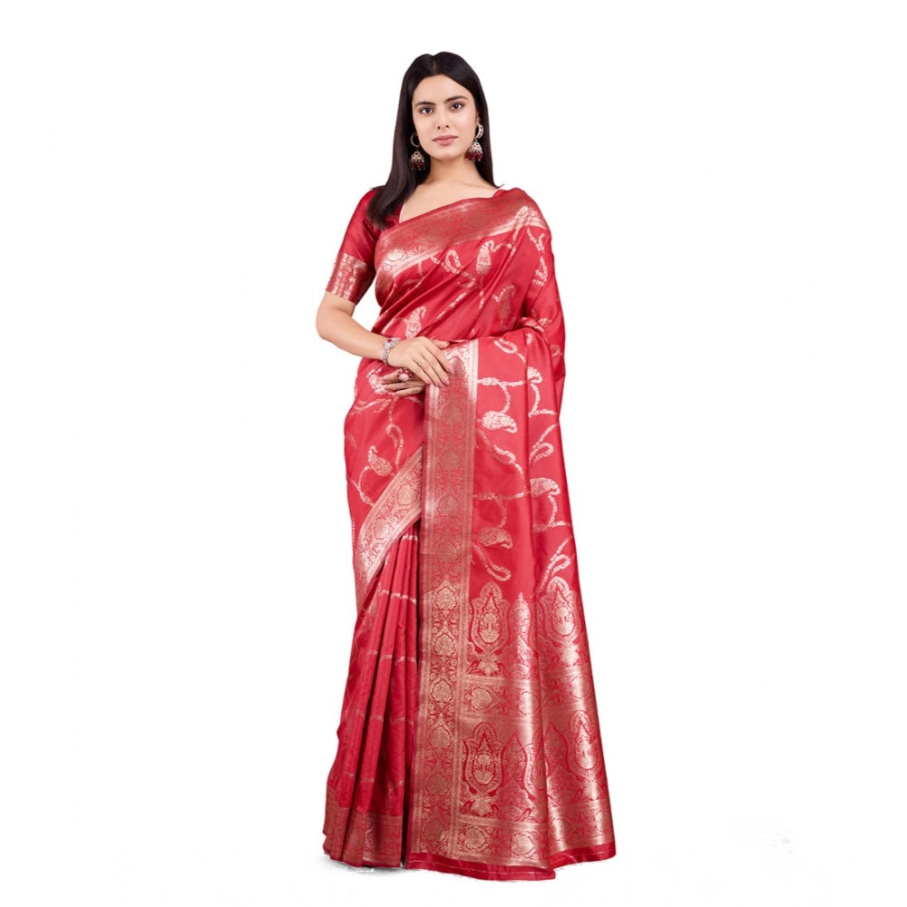 Women's Banarasi Silk Printed Saree With Unstitched Blouse 5.5Mtr (Red)