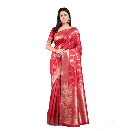 Women's Banarasi Silk Printed Saree With Unstitched Blouse 5.5Mtr (Red)