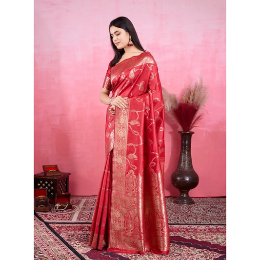 Women's Banarasi Silk Printed Saree With Unstitched Blouse 5.5Mtr (Red)