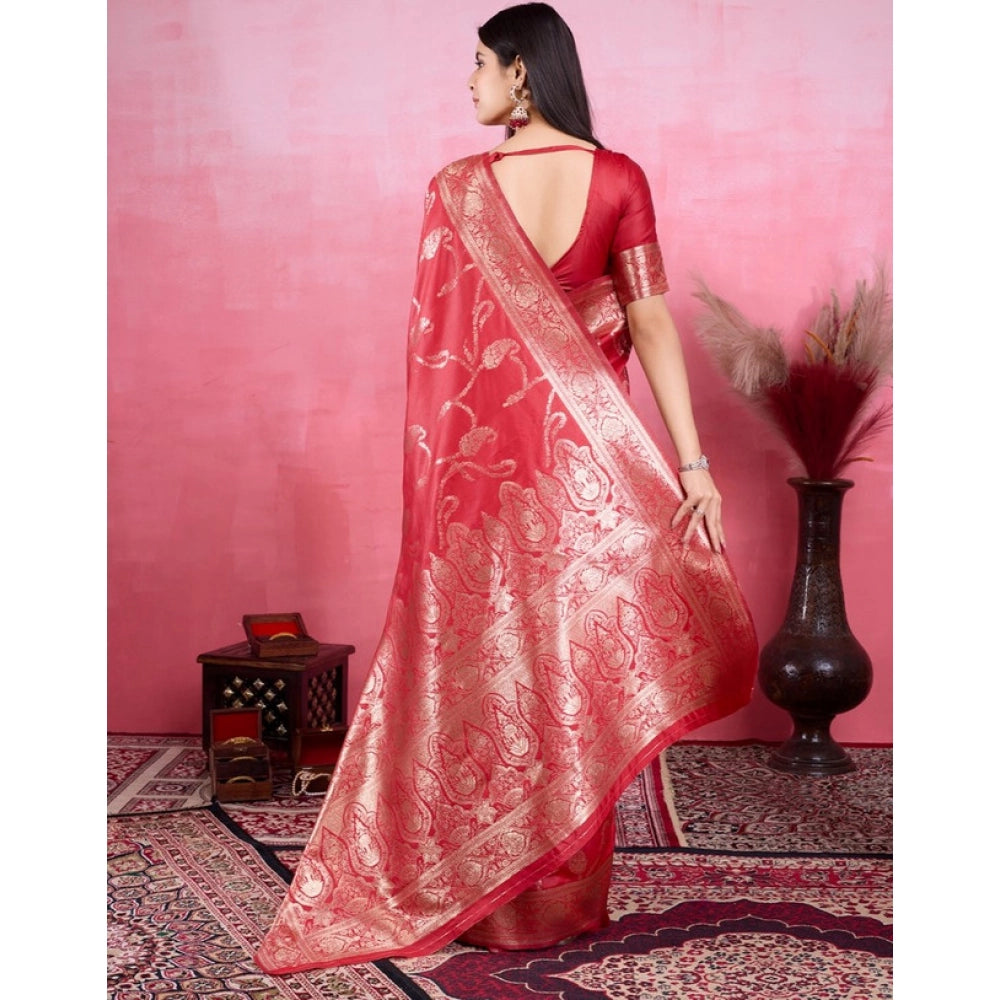 Women's Banarasi Silk Printed Saree With Unstitched Blouse 5.5Mtr (Red)