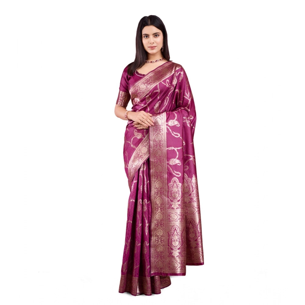 Women's Banarasi Silk Printed Saree With Unstitched Blouse 5.5Mtr (Wine)