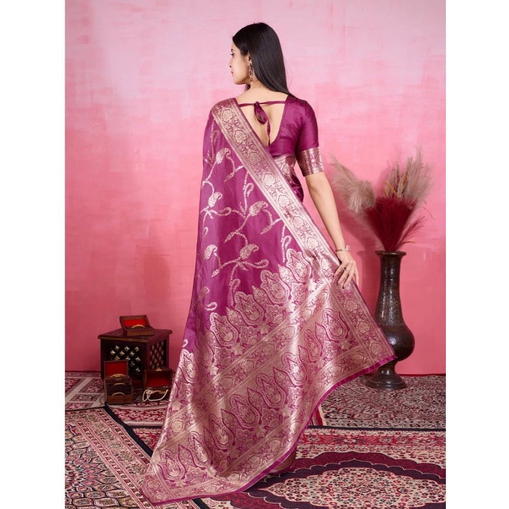Women's Banarasi Silk Printed Saree With Unstitched Blouse 5.5Mtr (Wine)