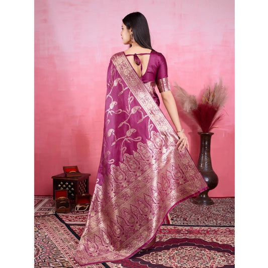 Women's Banarasi Silk Printed Saree With Unstitched Blouse 5.5Mtr (Wine)