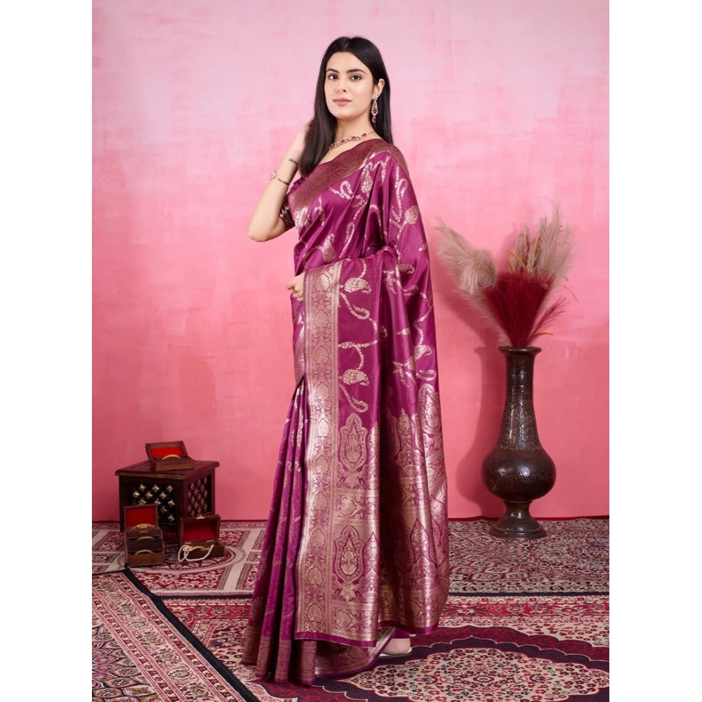 Women's Banarasi Silk Printed Saree With Unstitched Blouse 5.5Mtr (Wine)