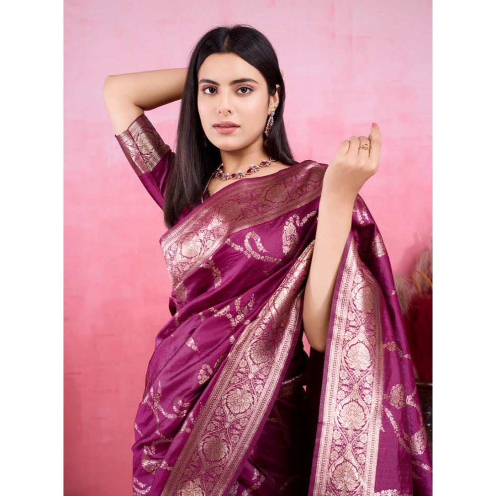 Women's Banarasi Silk Printed Saree With Unstitched Blouse 5.5Mtr (Wine)