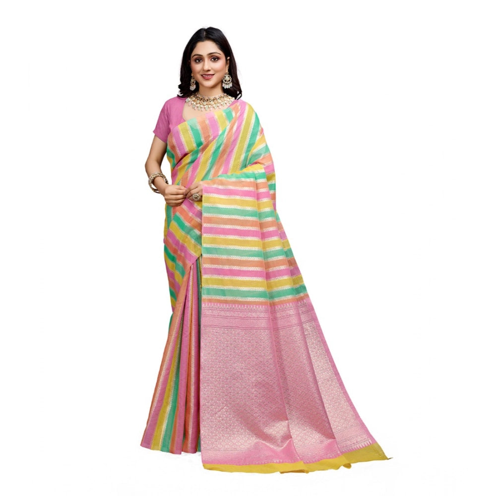 Women's Cotton Blended Printed Saree With Unstitched Blouse 5.5Mtr (Pink)