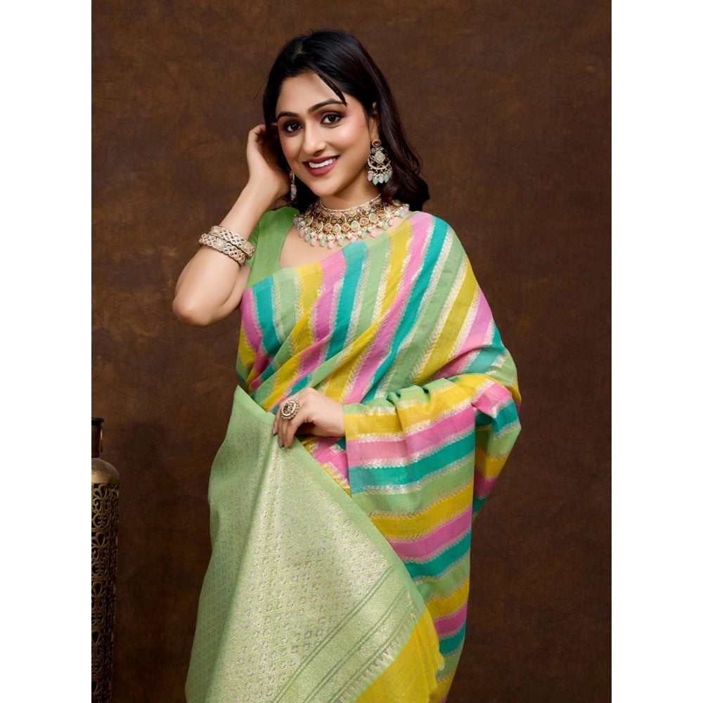 Women's Cotton Blended Printed Saree With Unstitched Blouse 5.5Mtr (Pista)