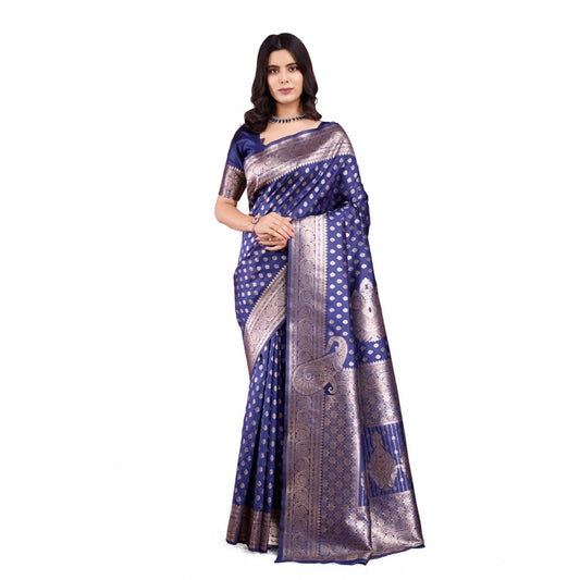 Women's Banarasi Silk Printed Saree With Unstitched Blouse 5.5Mtr (Blue)