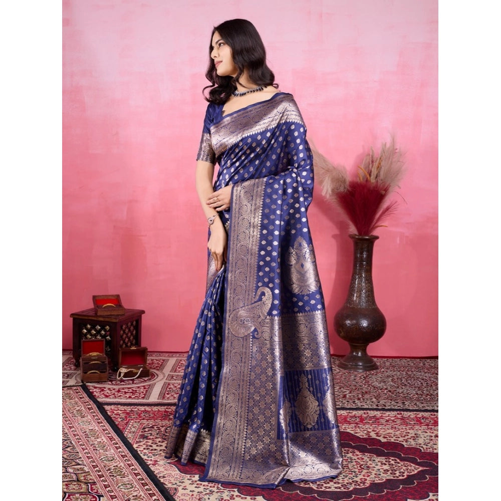 Women's Banarasi Silk Printed Saree With Unstitched Blouse 5.5Mtr (Blue)