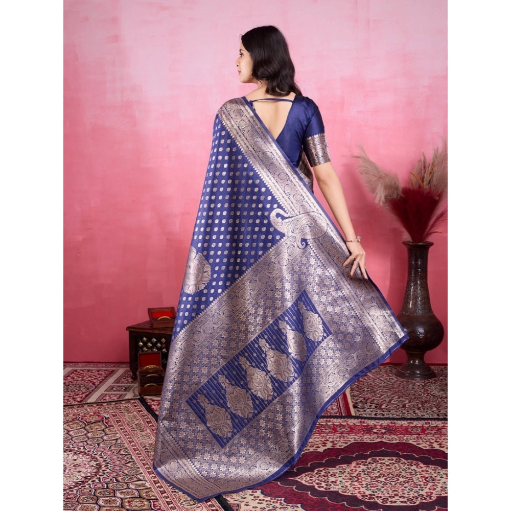 Women's Banarasi Silk Printed Saree With Unstitched Blouse 5.5Mtr (Blue)