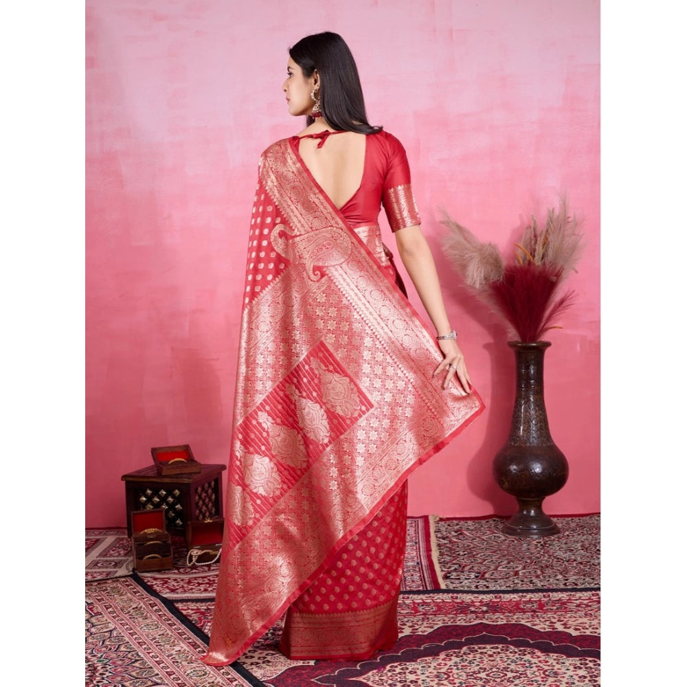 Women's Banarasi Silk Printed Saree With Unstitched Blouse 5.5Mtr (Red)