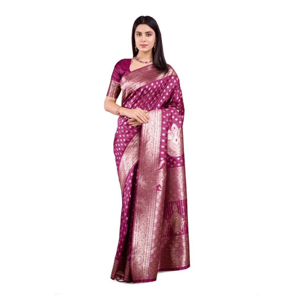 Women's Banarasi Silk Printed Saree With Unstitched Blouse 5.5Mtr (Wine)
