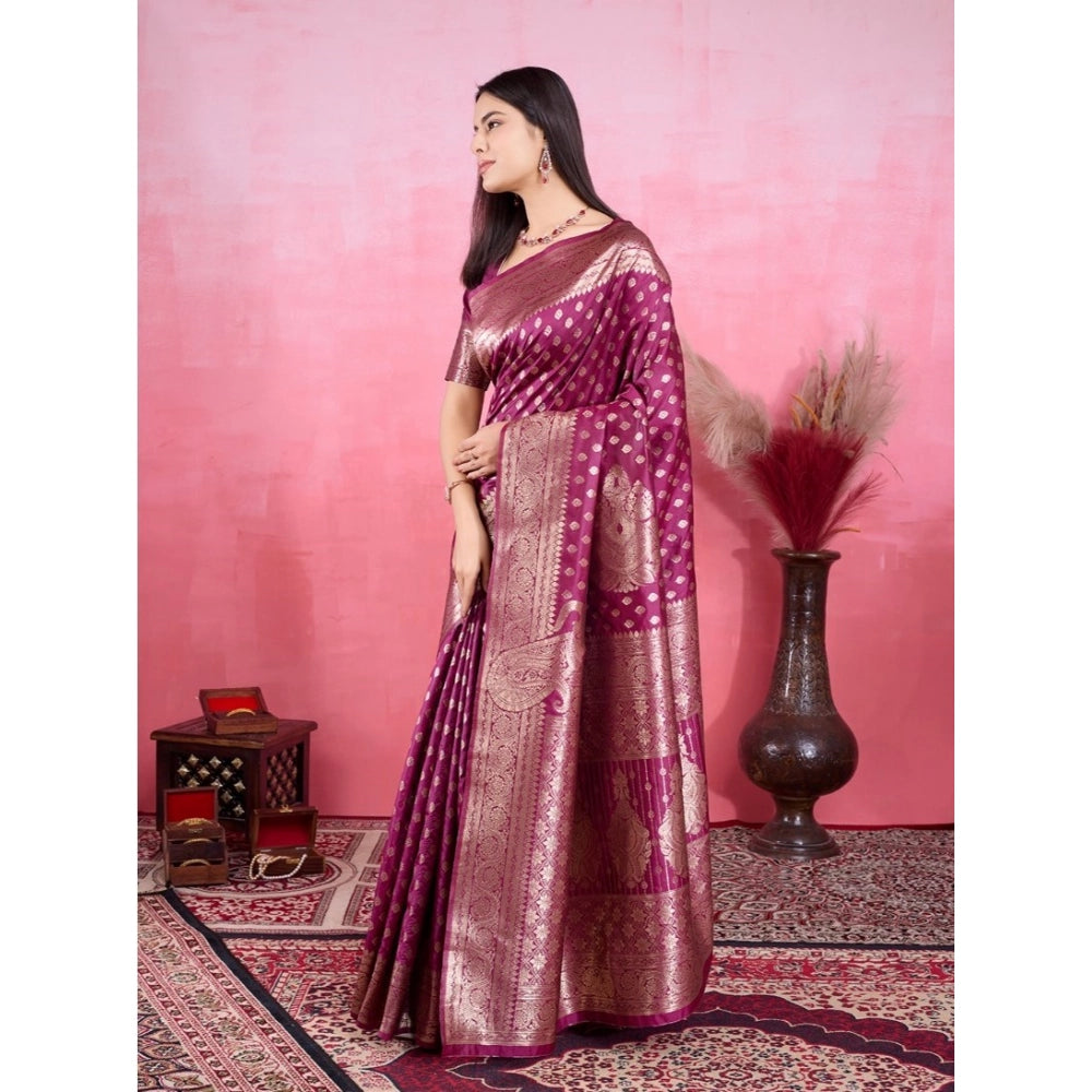 Women's Banarasi Silk Printed Saree With Unstitched Blouse 5.5Mtr (Wine)