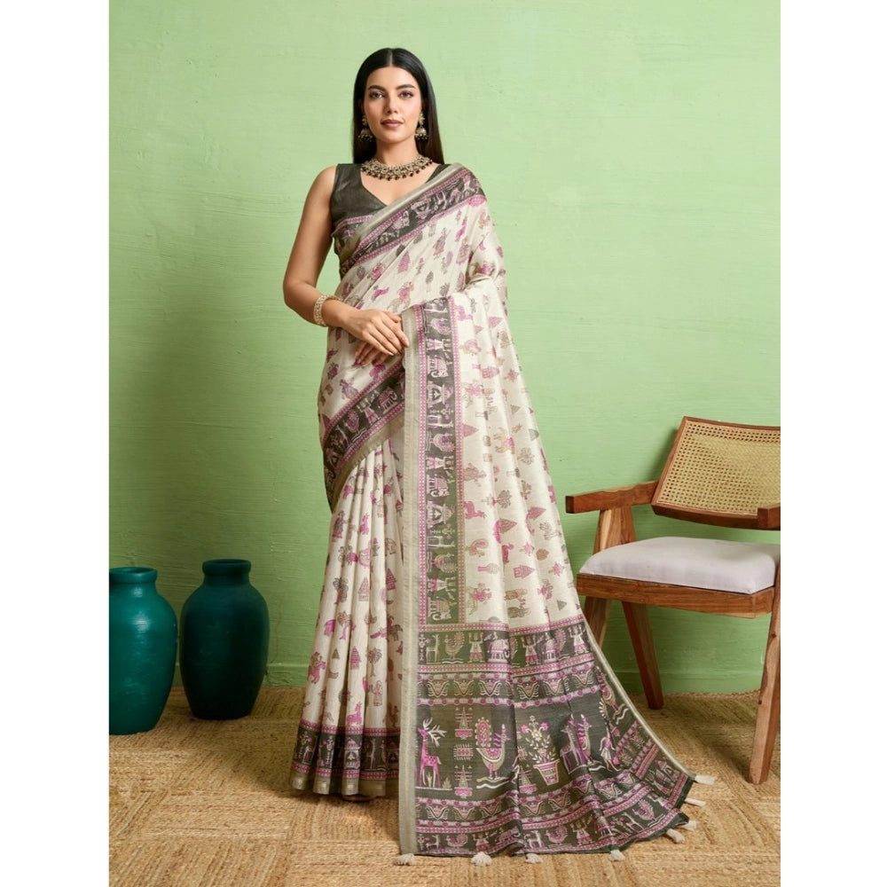 Women's Silk Blend Printed Saree With Unstitched Blouse 5.5Mtr (Off White)