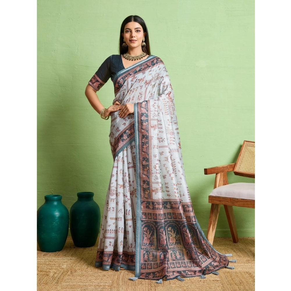 Women's Silk Blend Printed Saree With Unstitched Blouse 5.5Mtr (Grey)