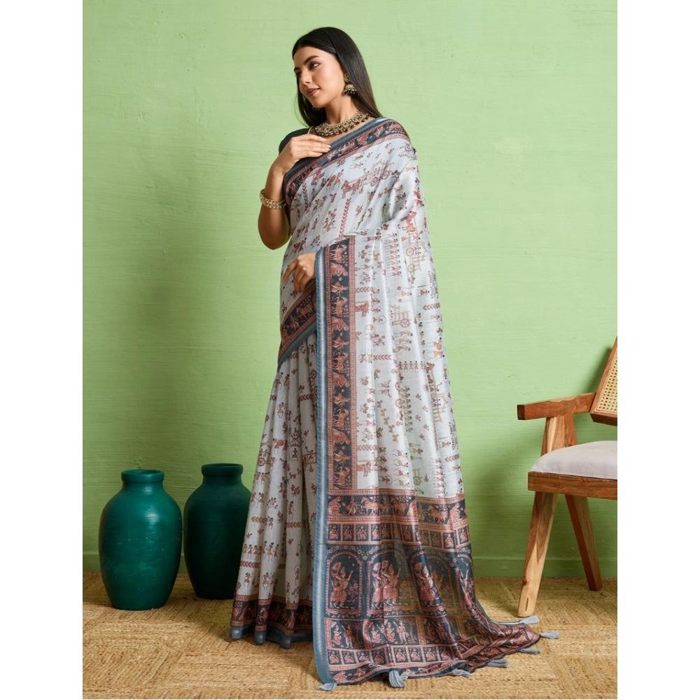 Women's Silk Blend Printed Saree With Unstitched Blouse 5.5Mtr (Grey)