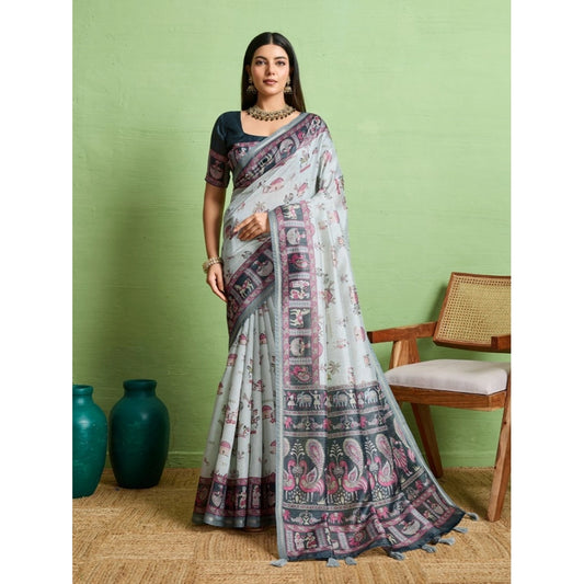 Women's Silk Blend Printed Saree With Unstitched Blouse 5.5Mtr (Grey)