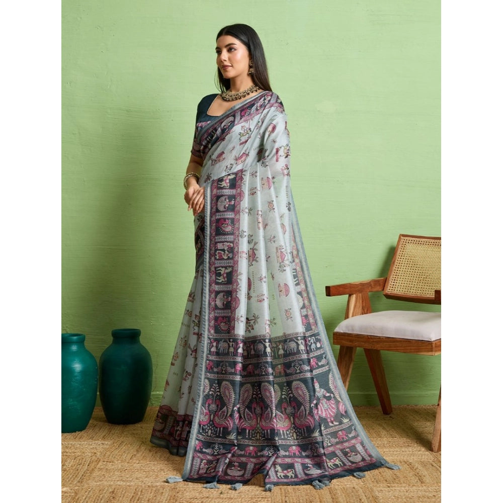 Women's Silk Blend Printed Saree With Unstitched Blouse 5.5Mtr (Grey)
