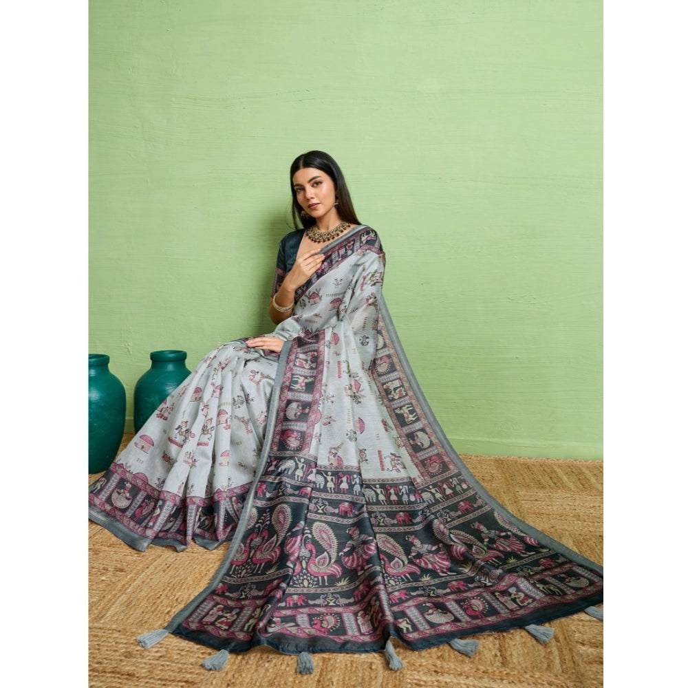Women's Silk Blend Printed Saree With Unstitched Blouse 5.5Mtr (Grey)