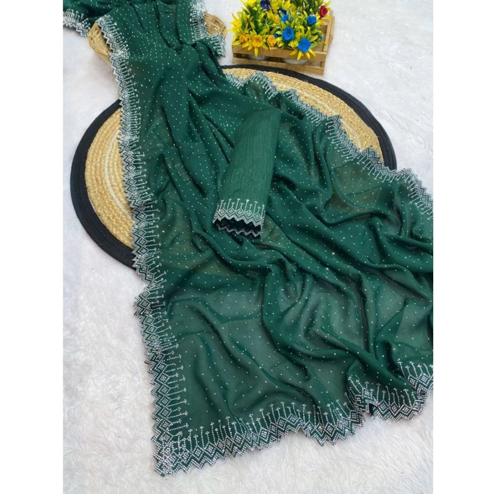 Women's Georgette Stone Work Saree With Unstitched Blouse 5.5Mtr (Green)