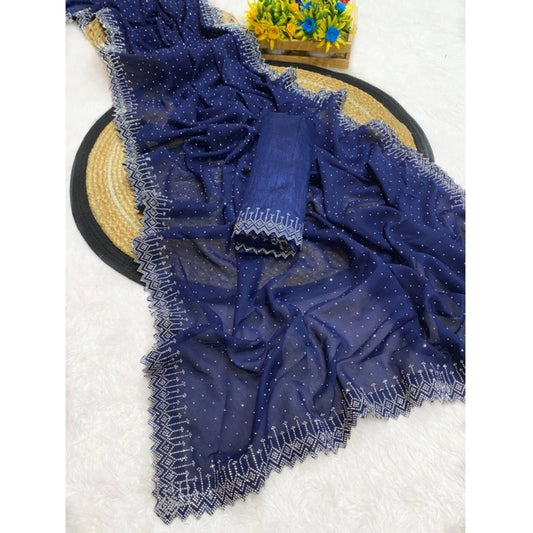 Women's Georgette Stone Work Saree With Unstitched Blouse 5.5Mtr (Blue)