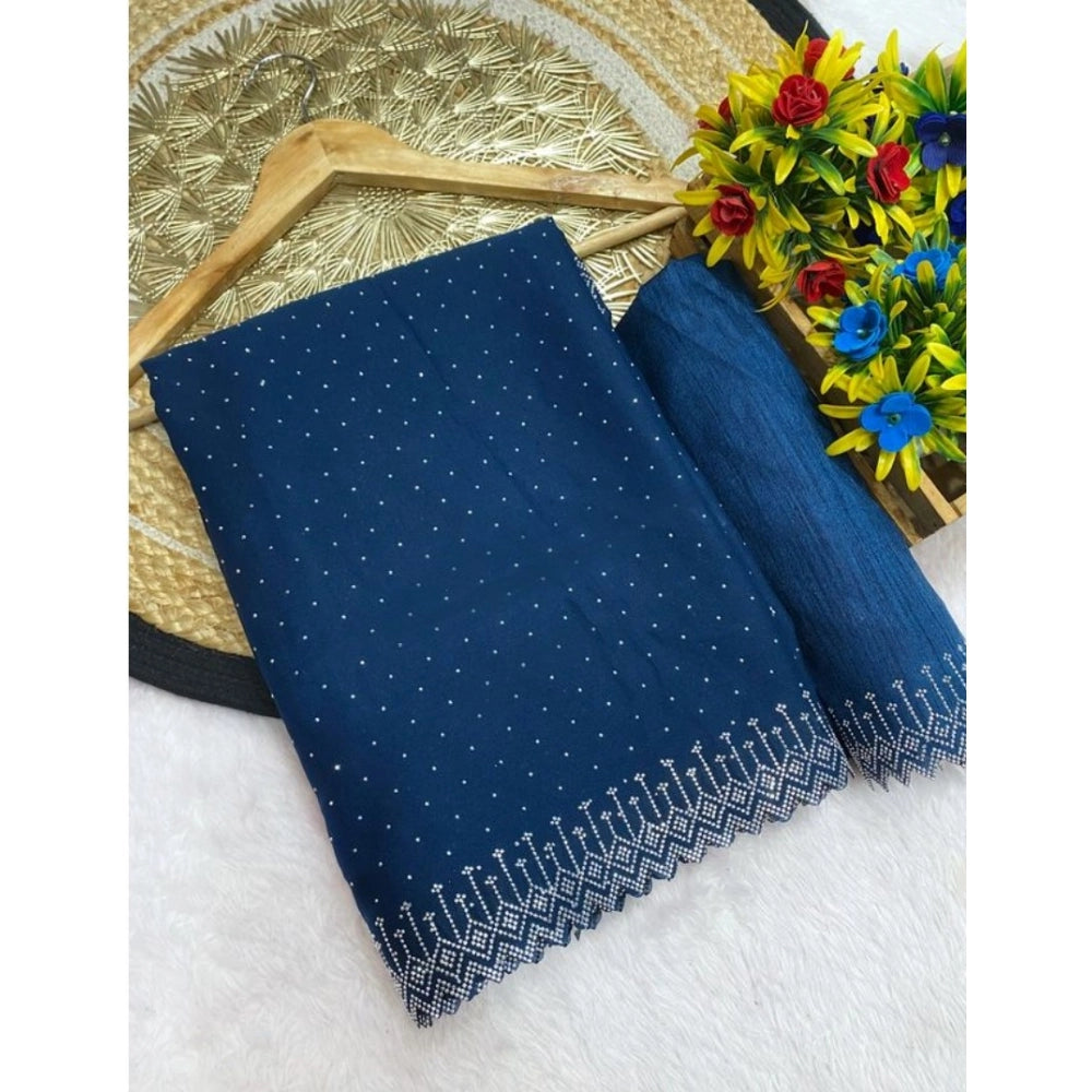 Women's Georgette Stone Work Saree With Unstitched Blouse 5.5Mtr (Light Green)