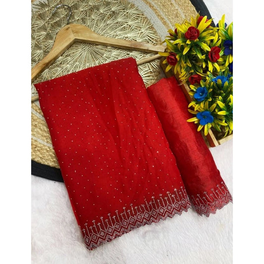 Women's Georgette Stone Work Saree With Unstitched Blouse 5.5Mtr (Red)