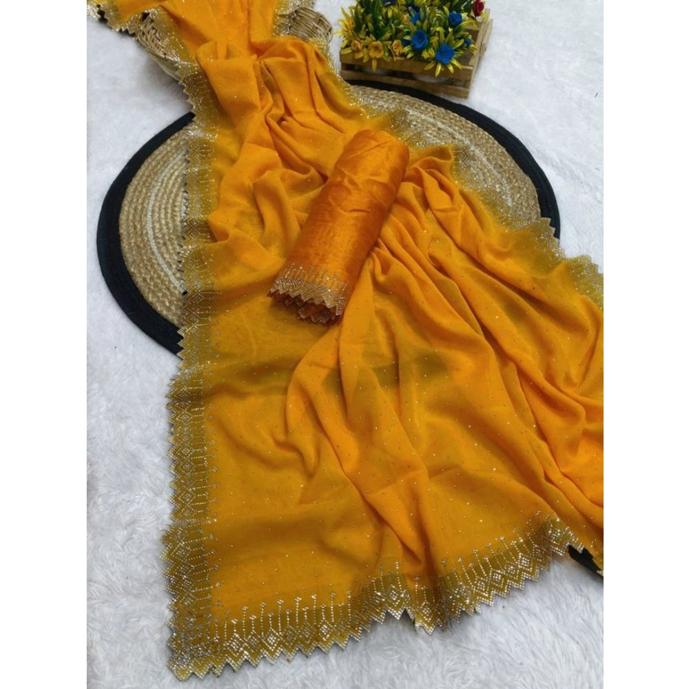 Women's Georgette Stone Work Saree With Unstitched Blouse 5.5Mtr (Yellow)