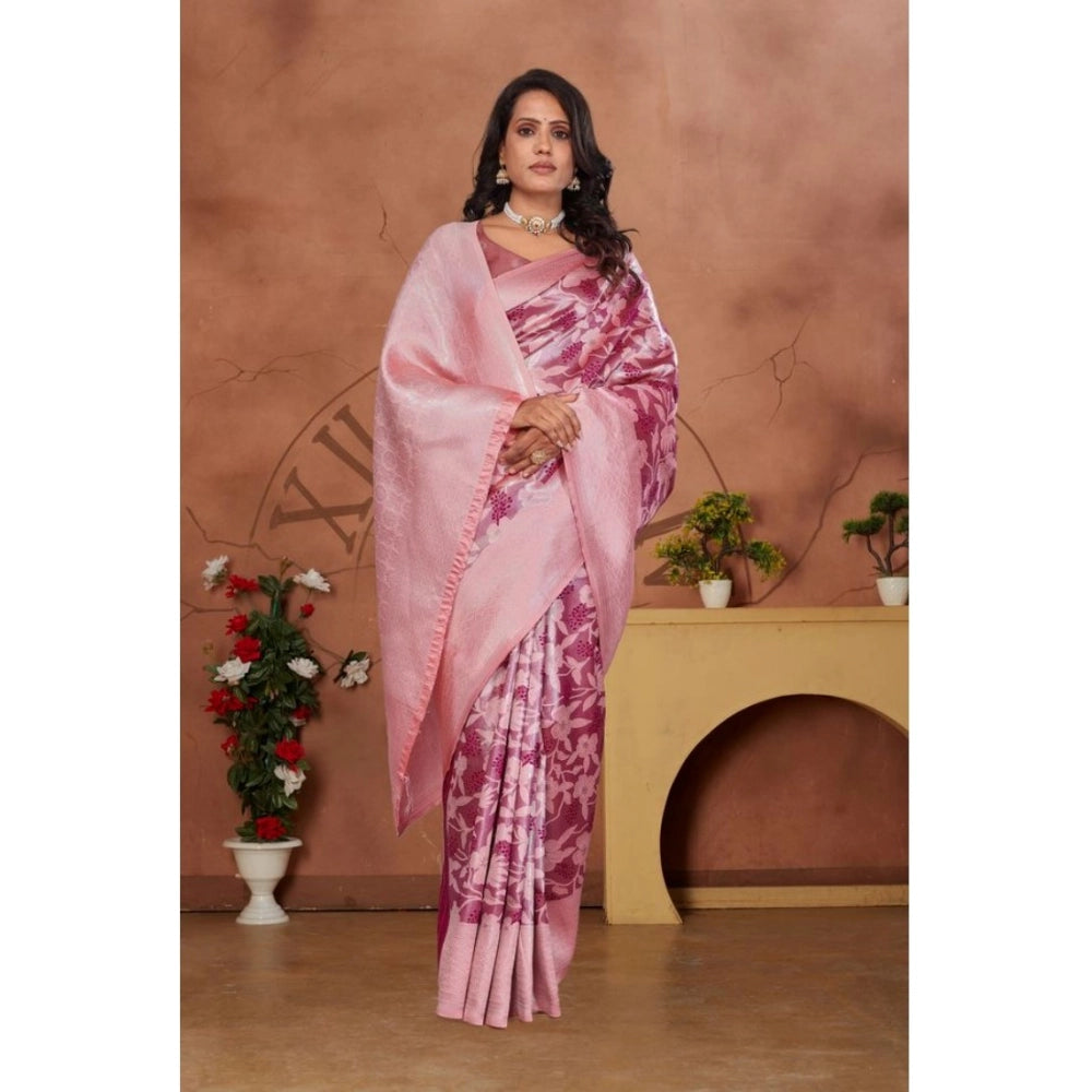 Women's Banarasi Silk Jaquard Woven Saree With Unstitched Blouse 5.5Mtr (Pink)