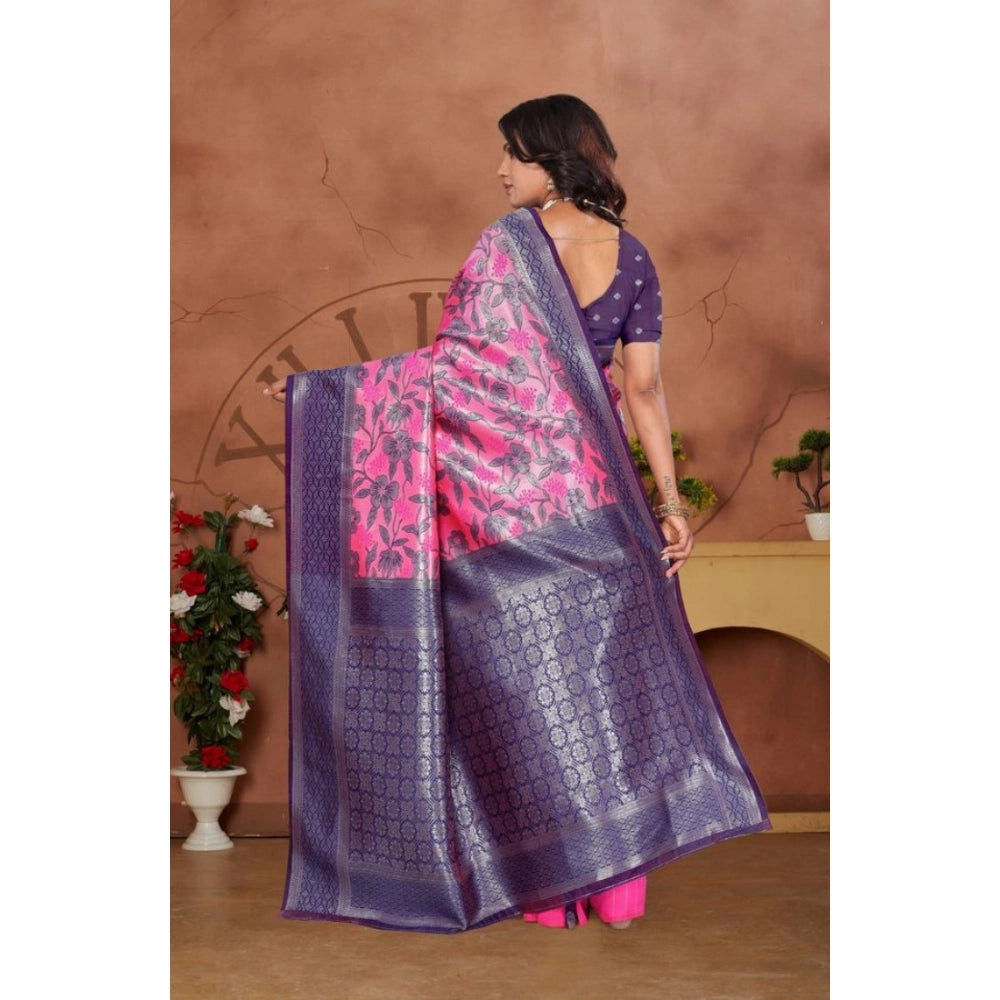 Women's Banarasi Silk Jaquard Woven Saree With Unstitched Blouse 5.5Mtr (Pink)