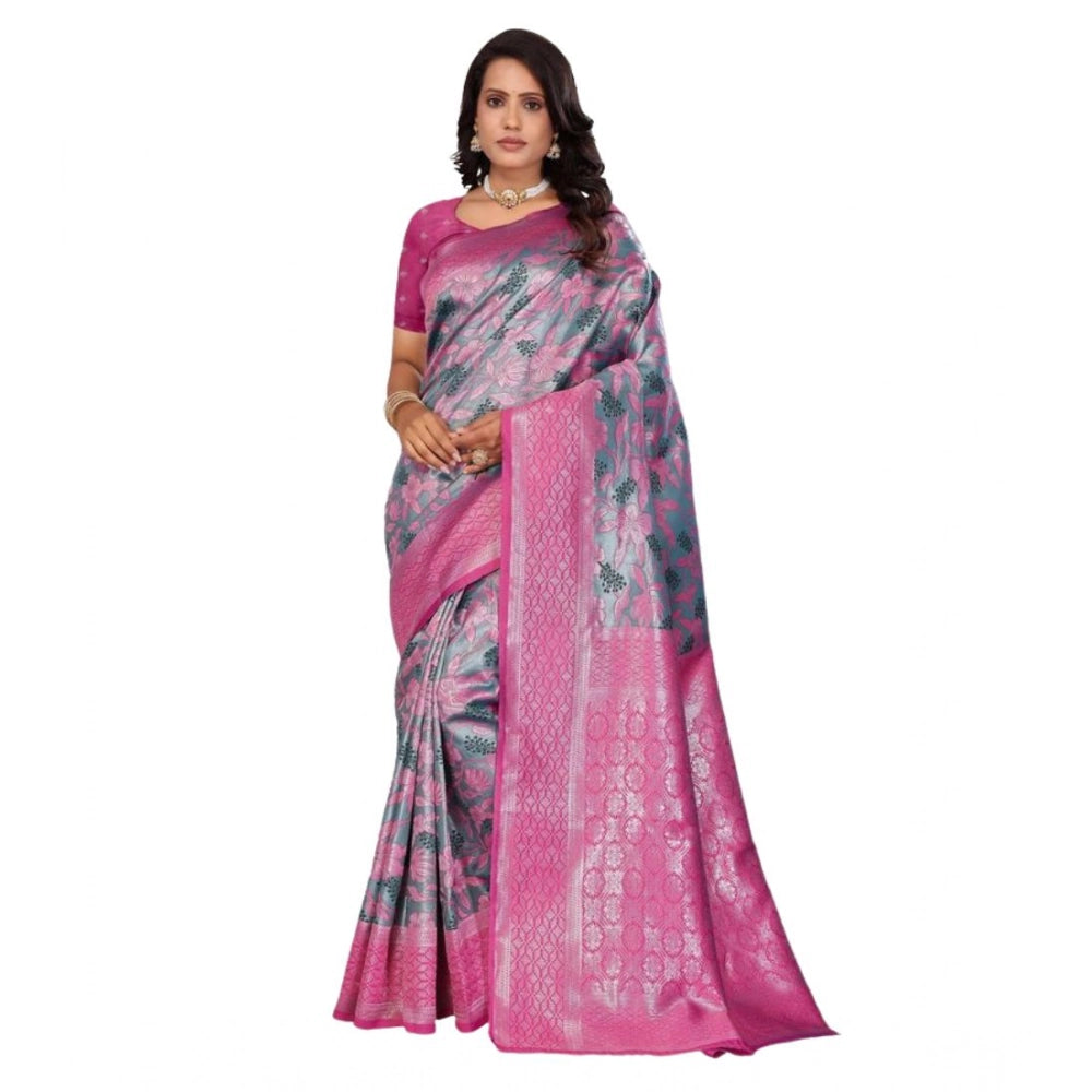 Women's Banarasi Silk Jaquard Woven Saree With Unstitched Blouse 5.5Mtr (Pink)