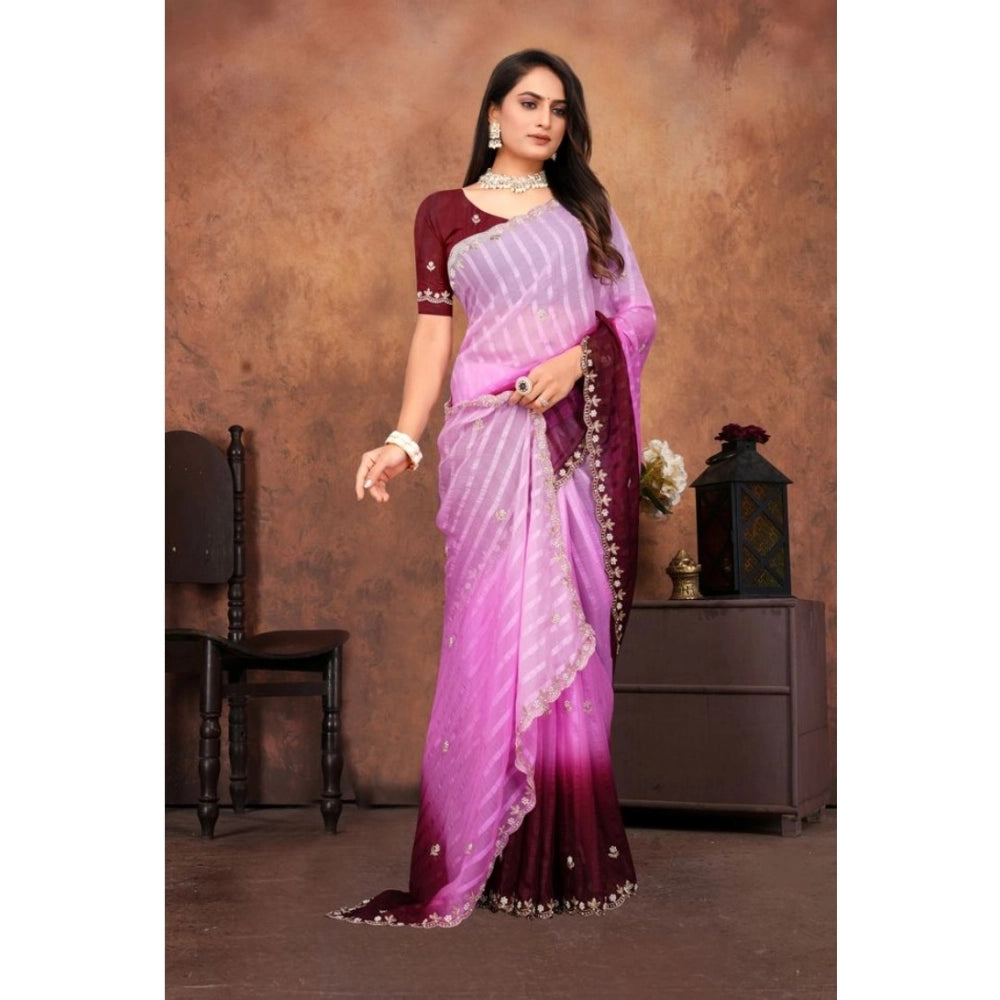 Women's Chiffon Embroidred Saree With Unstitched Blouse 5.5Mtr (Pink)