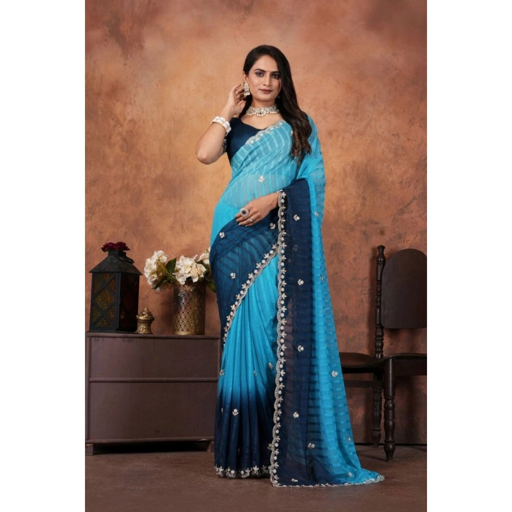 Women's Chiffon Embroidred Saree With Unstitched Blouse 5.5Mtr (Light Blue)